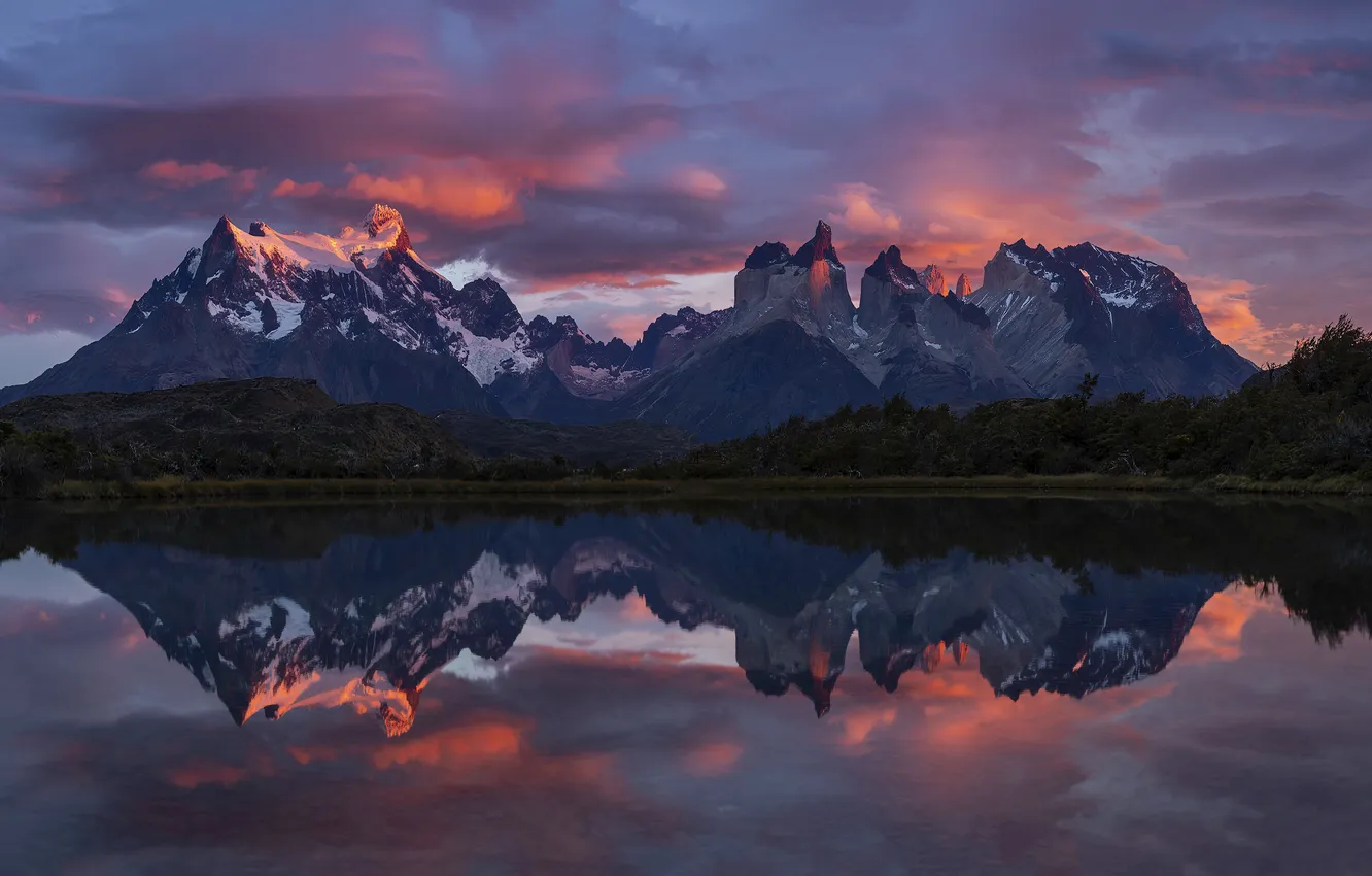 Photo wallpaper the sky, clouds, snow, sunset, mountains, lake, reflection, shore