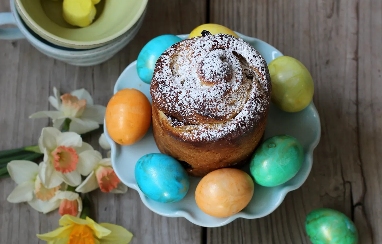 Photo wallpaper flowers, eggs, Easter, cake, daffodils, eggs