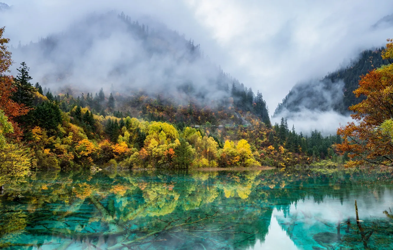Photo wallpaper autumn, mountains, nature, fog, lake, paint, China, forest