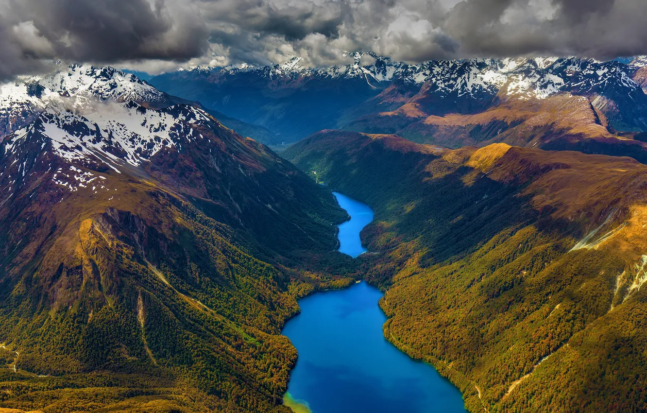Photo wallpaper wallpaper, river, mountains, clouds, snow, picture, National Park, the mountains
