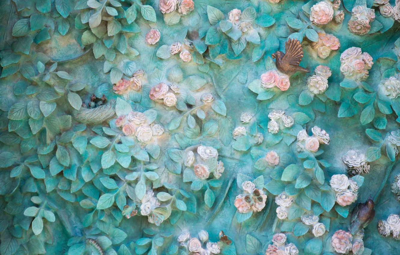 Photo wallpaper surface, flowers, wall, bird