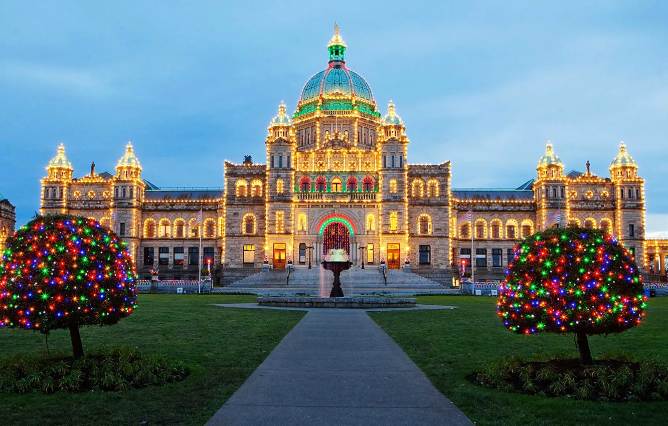 Photo wallpaper the building, Victoria, New Year, Canada, Christmas, Parliament, Christmas lights