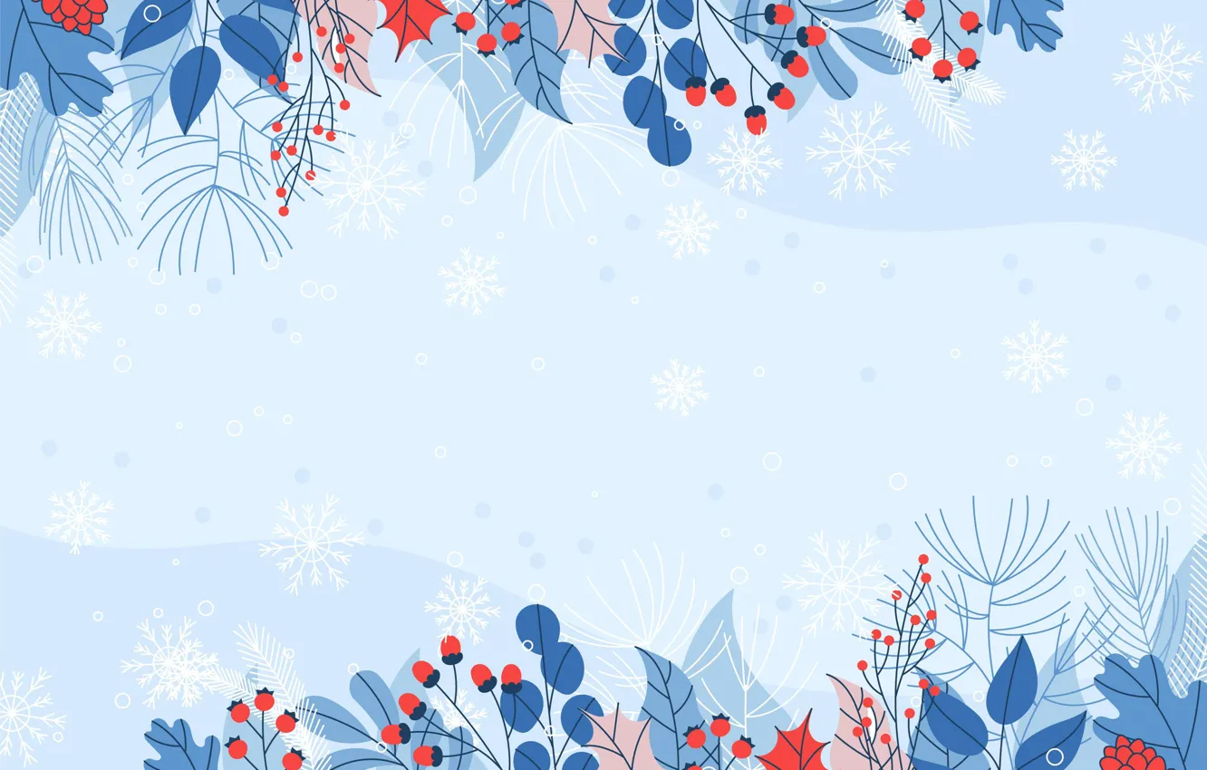 Photo wallpaper winter, leaves, snow, line, snowflakes, branches, blue, red