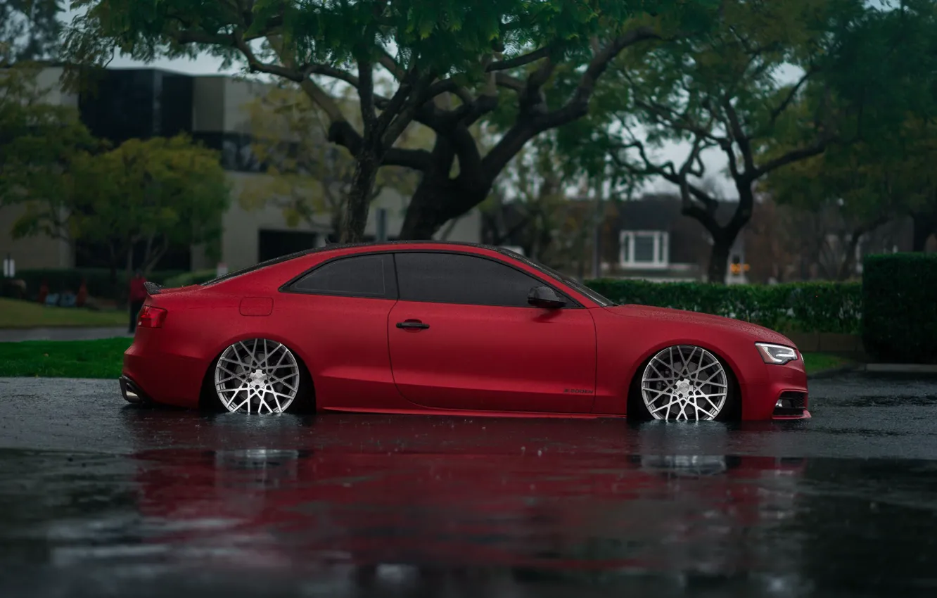 Photo wallpaper Audi, Red, Water, Rain, Side, Road, Audi S5, Wheels