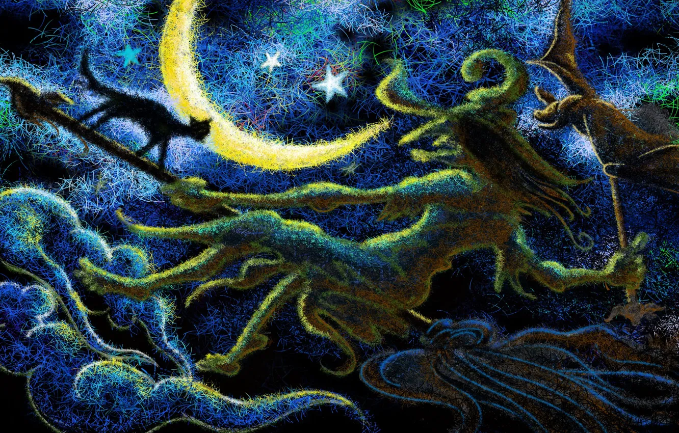 Photo wallpaper cat, the moon, black, broom, eshka, grandma