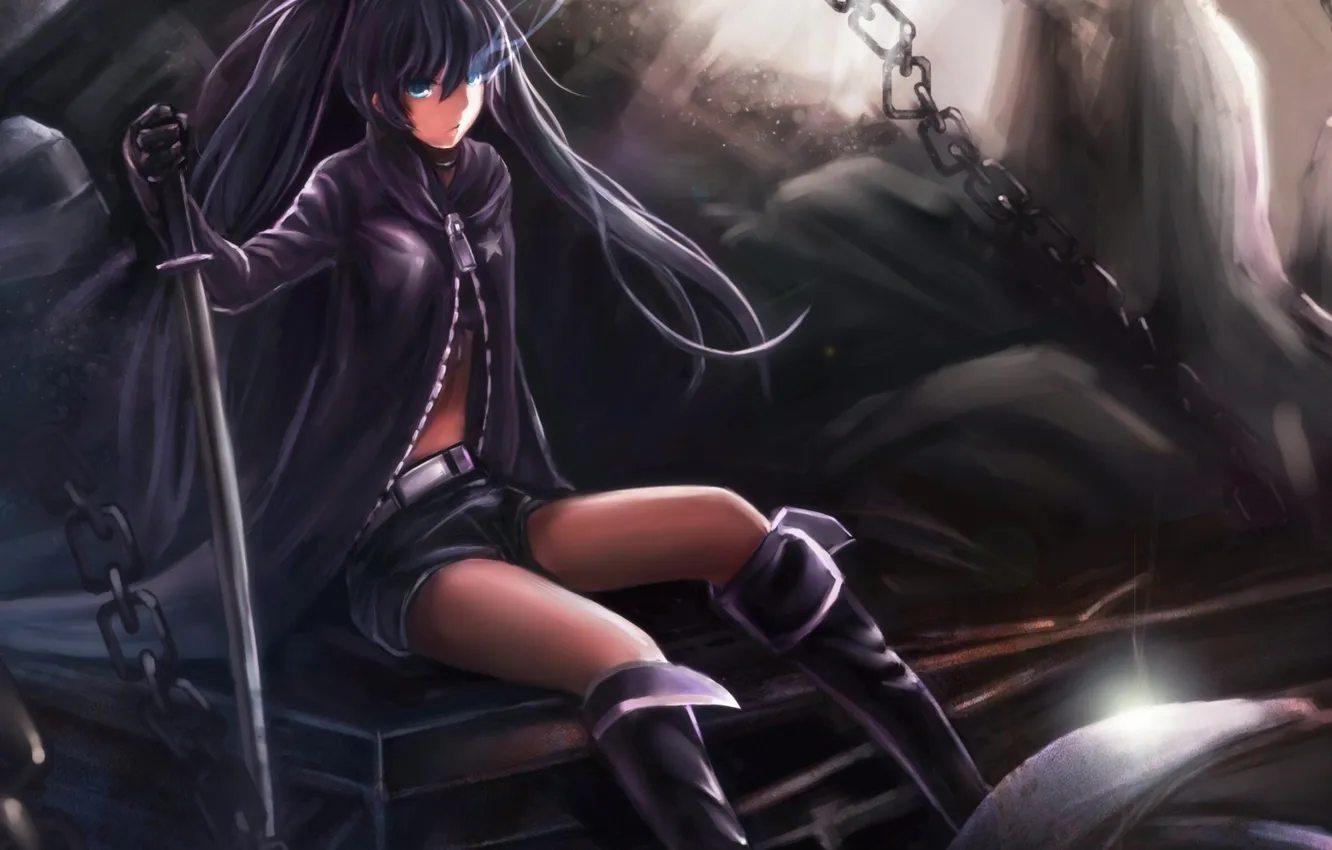 Photo wallpaper look, girl, weapons, magic, chain, art, insane black rock shooter, cj man