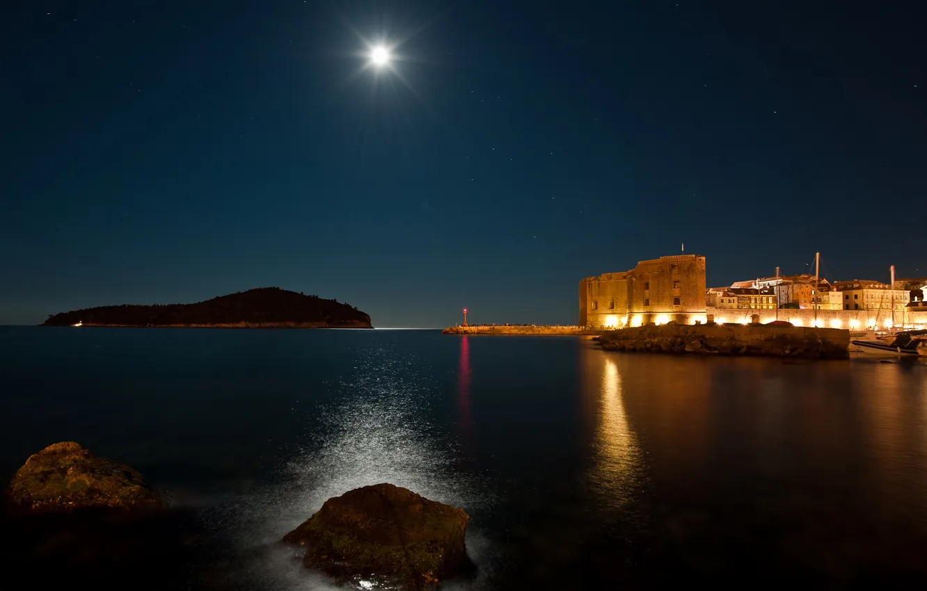 Photo wallpaper sea, light, night, lights, reflection, rocks, the moon, the game