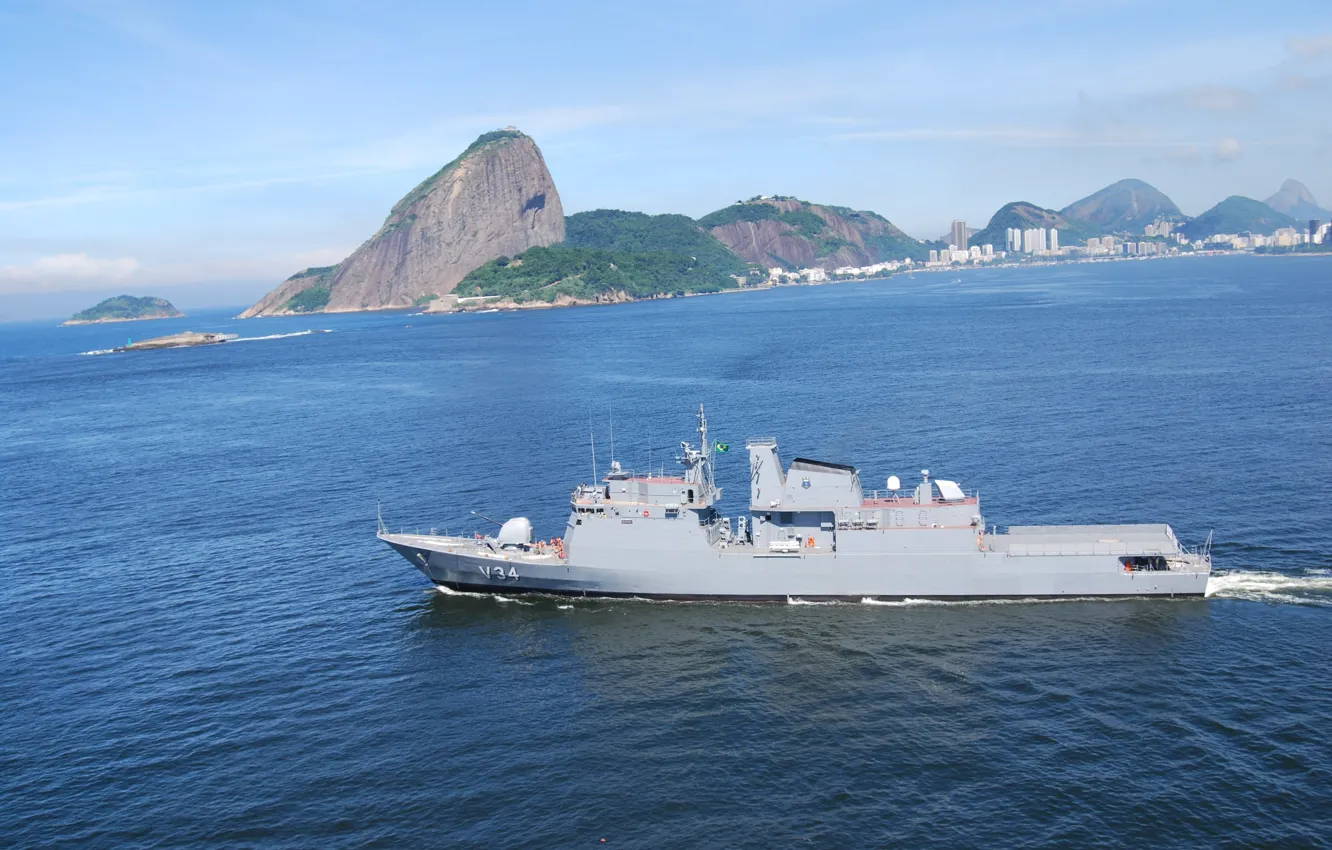 Photo wallpaper Rio de Janeiro, 4.5-inch cannon, Corvette Barroso (V-34), Barroso Class, Sugar Loaf, Brazil flag, the …
