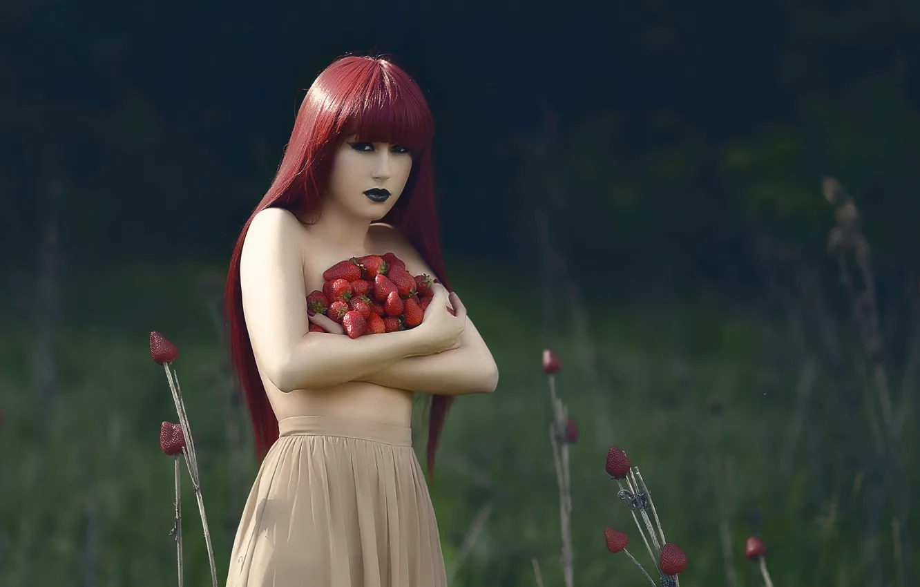 Photo wallpaper girl, berries, strawberry, collection