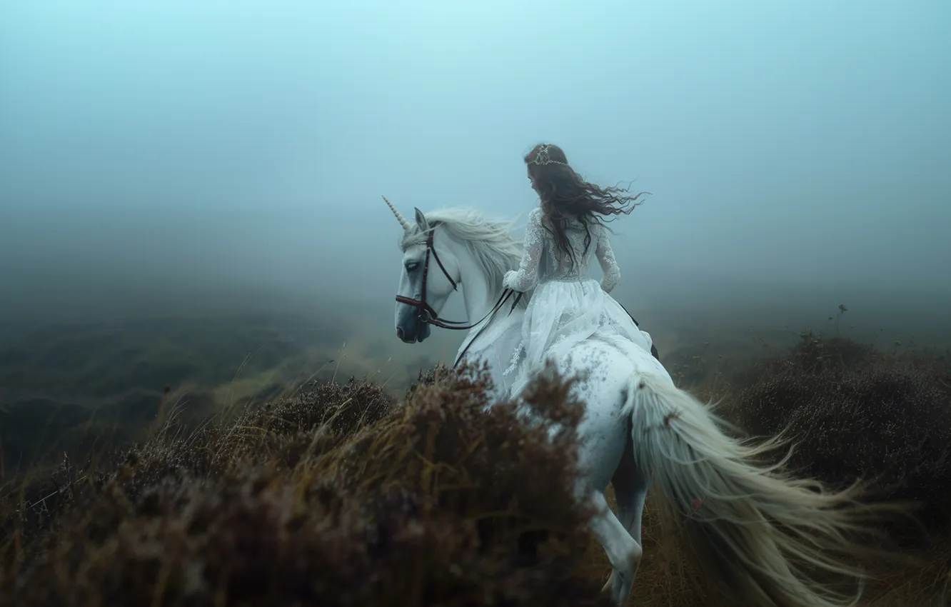 Photo wallpaper field, white, girl, branches, fog, horse, the wind, horse