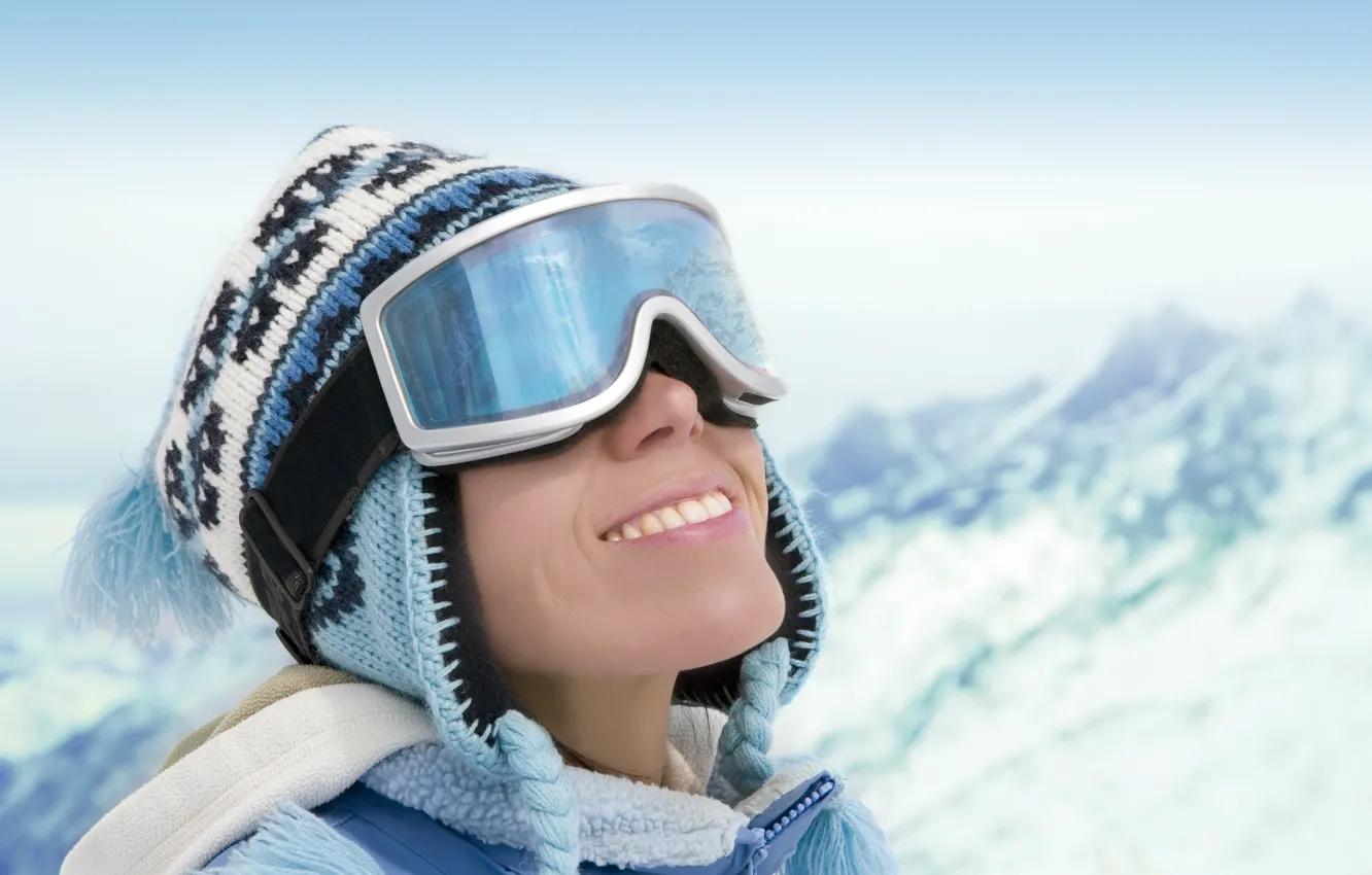 Photo wallpaper winter, snow, smile, Girl, glasses