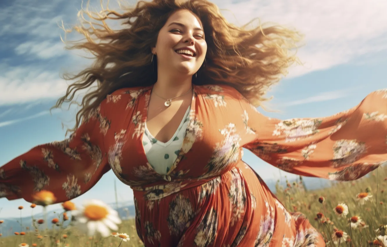 Photo wallpaper girl, clouds, joy, happiness, flowers, smile, hair, laughter
