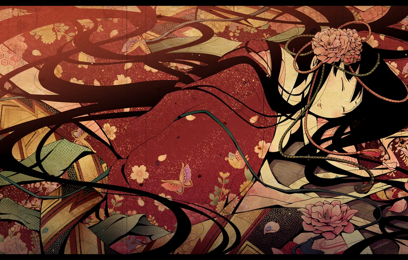 Photo wallpaper butterfly, Japanese, sleep, petals, geisha, kimono, long hair, closed eyes