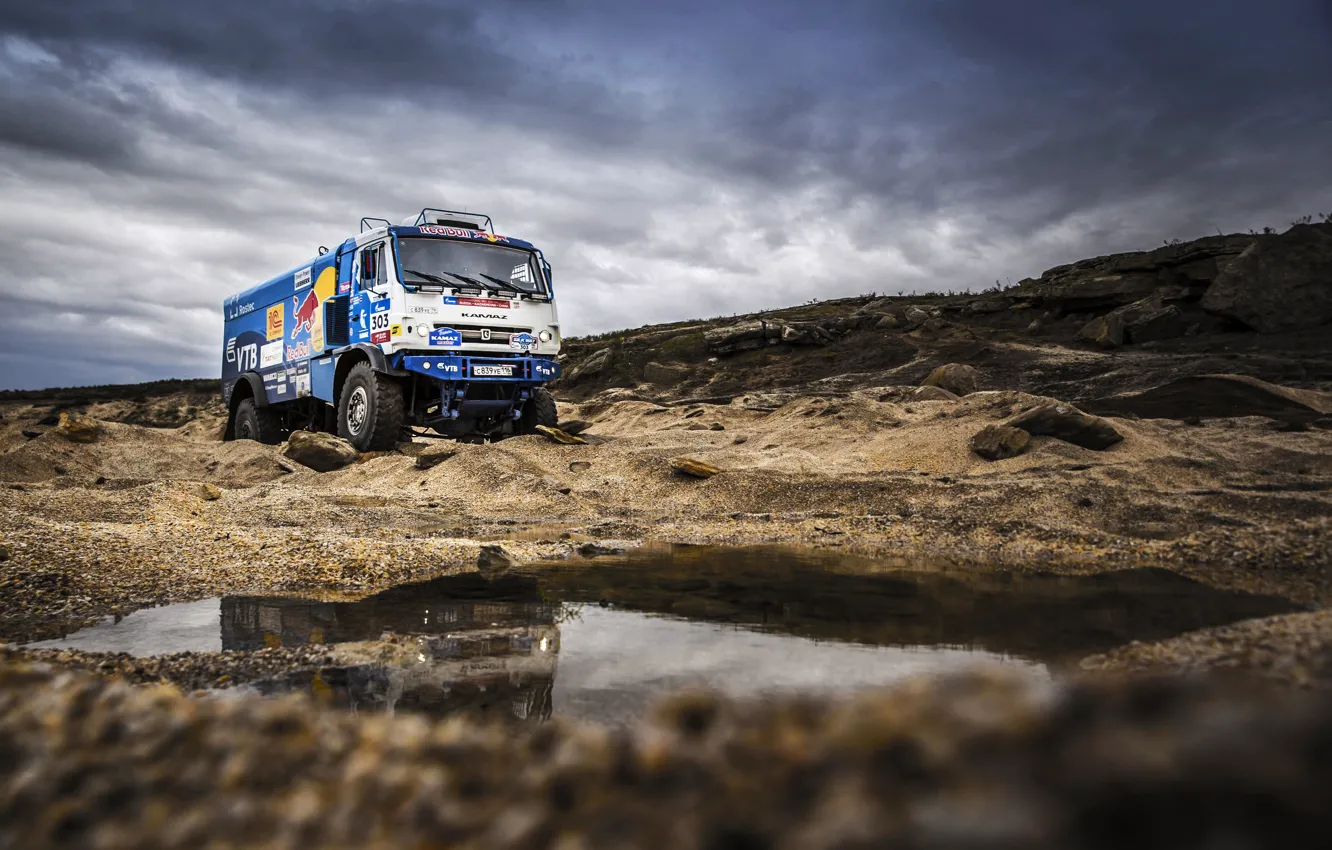 Photo wallpaper Sport, Speed, Clouds, Truck, Race, Master, Puddle, Beauty