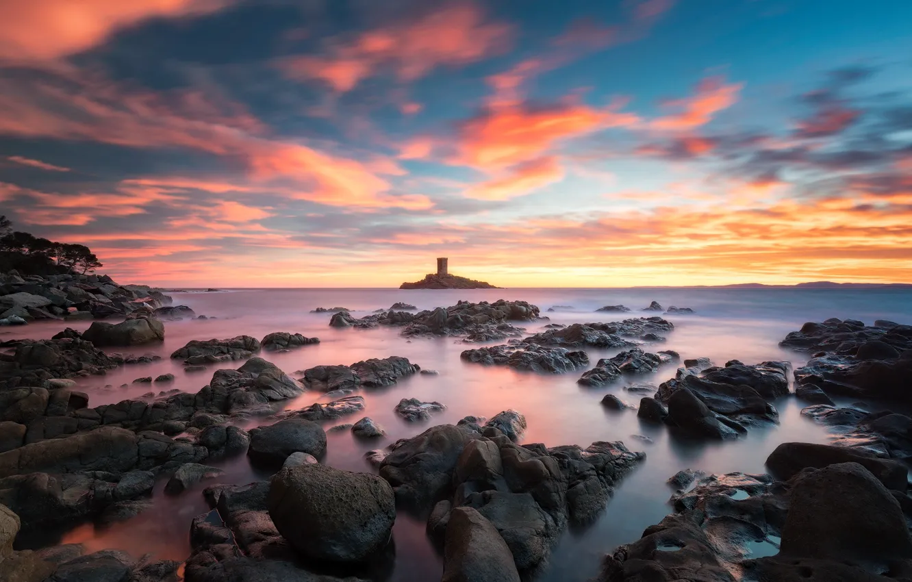 Photo wallpaper sunset, stones, coast, France, the evening, Le Dramont