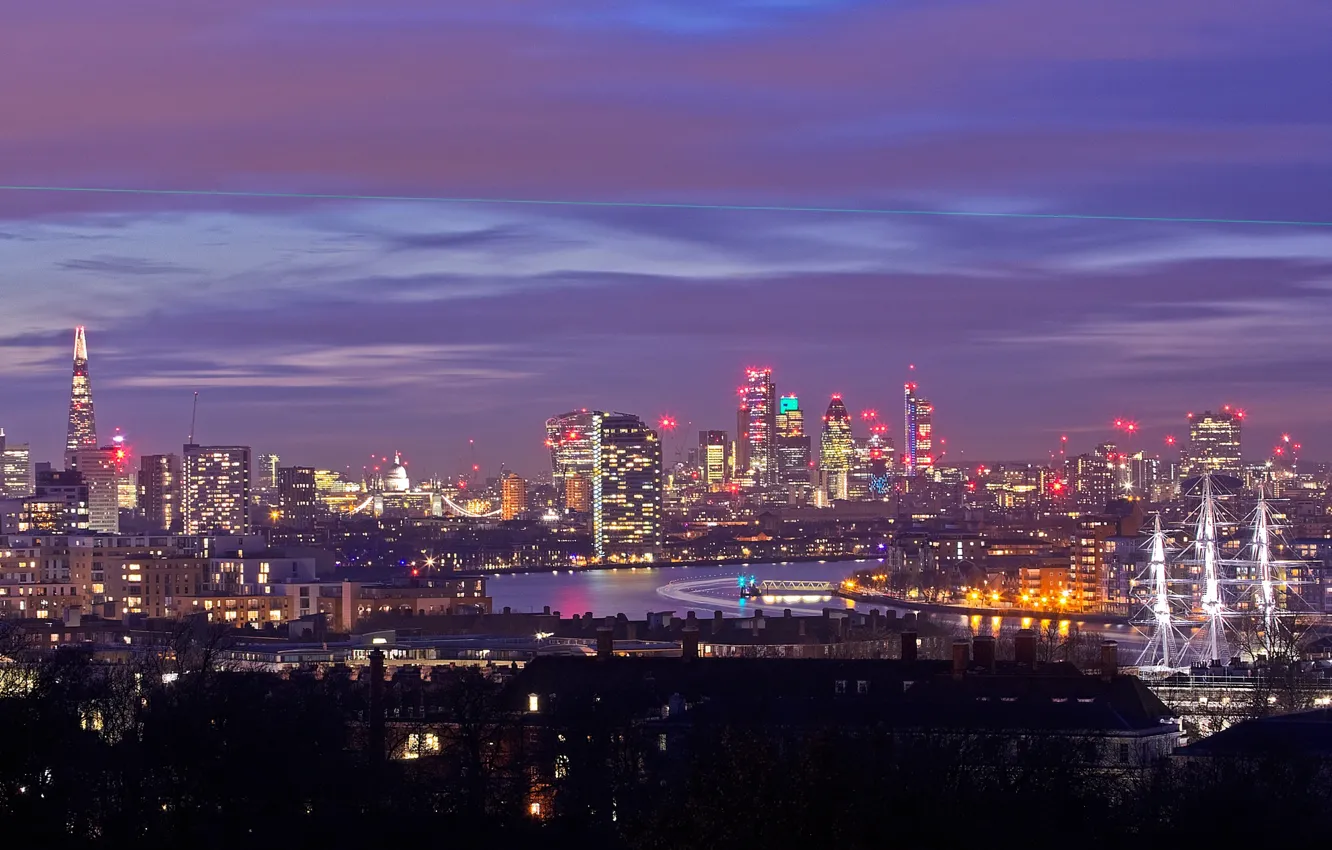 Photo wallpaper lights, river, ship, England, London, home, panorama, Thames