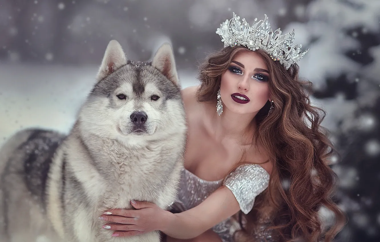 Photo wallpaper look, girl, snow, pose, hand, dog, crown, makeup