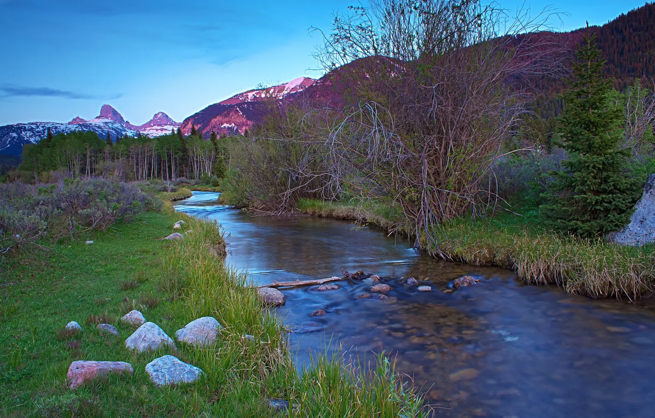 Photo wallpaper the sky, trees, sunset, mountains, river, stones