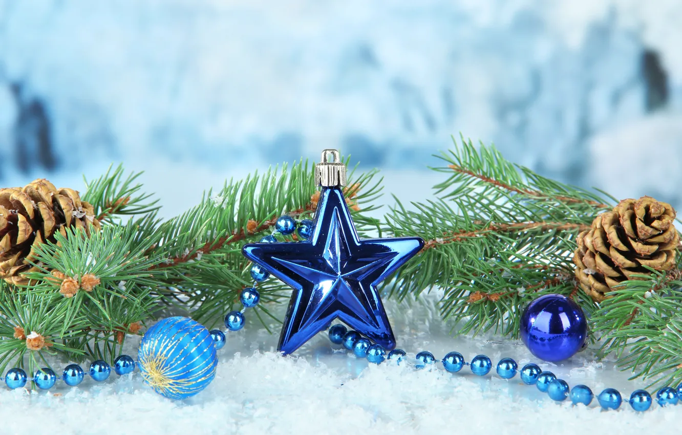 Photo wallpaper Star, New year, Beads, Decoration, Holiday, bumps, Toys, Fir-tree branches