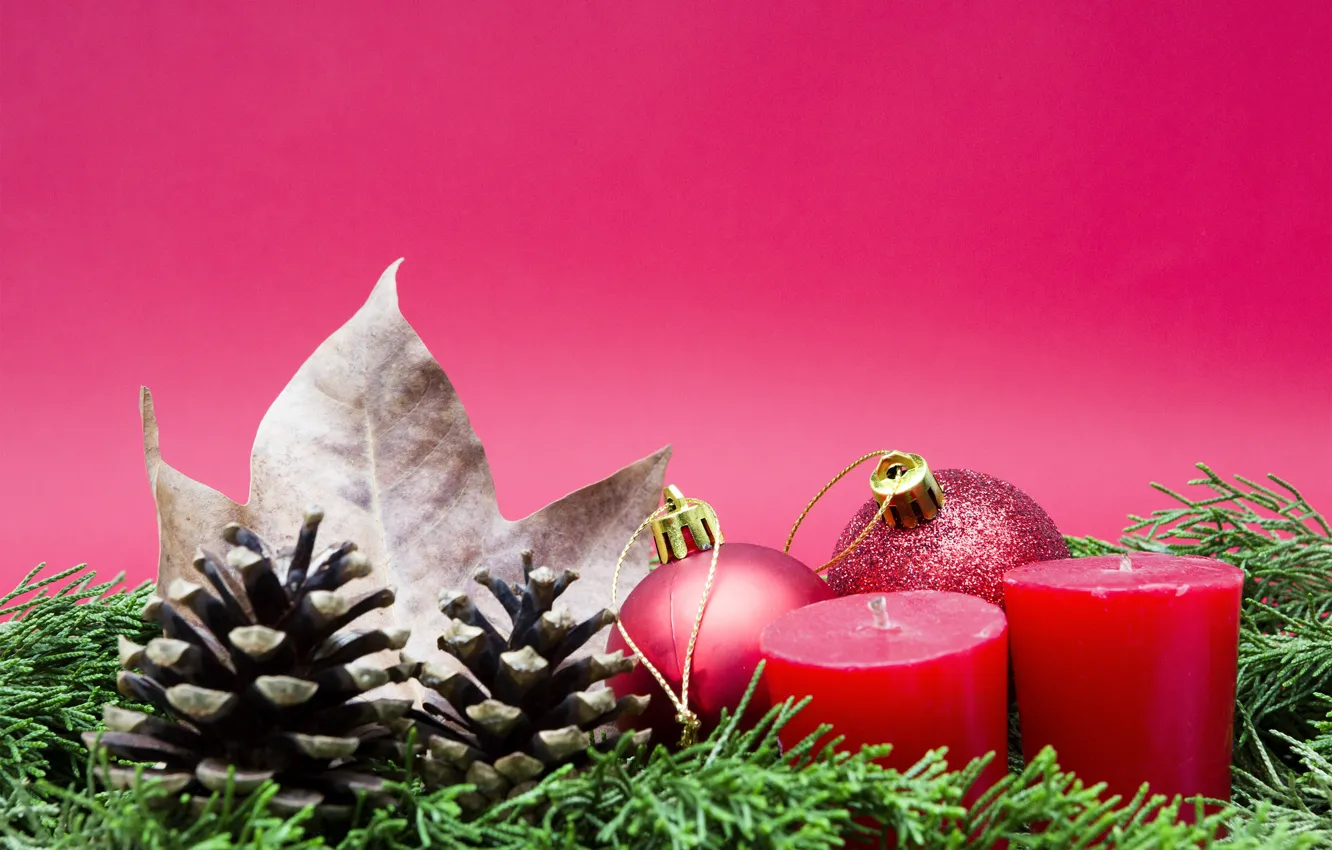 Photo wallpaper branches, sheet, background, holiday, balls, toys, candles, red