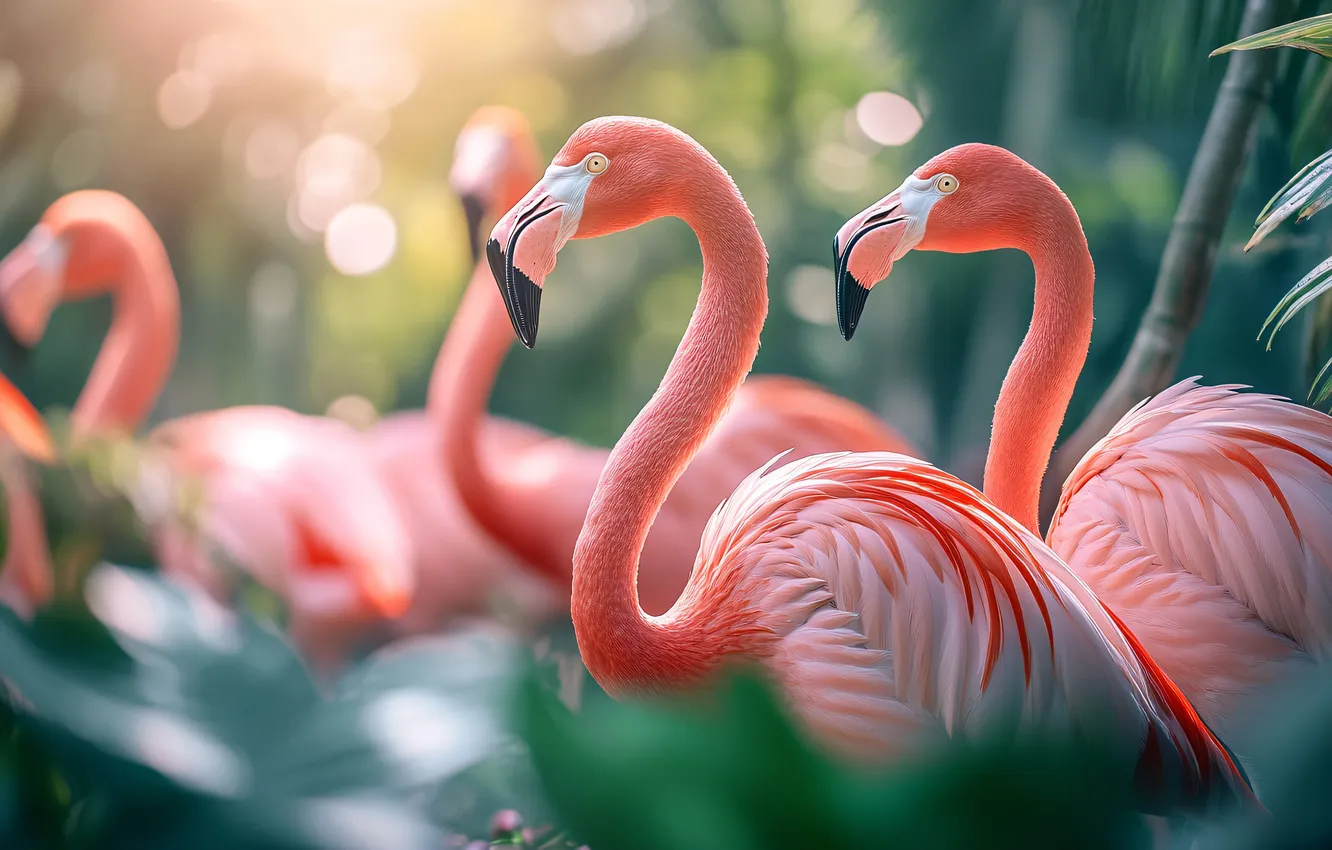 Photo wallpaper look, leaves, light, nature, bird, pack, pair, Flamingo