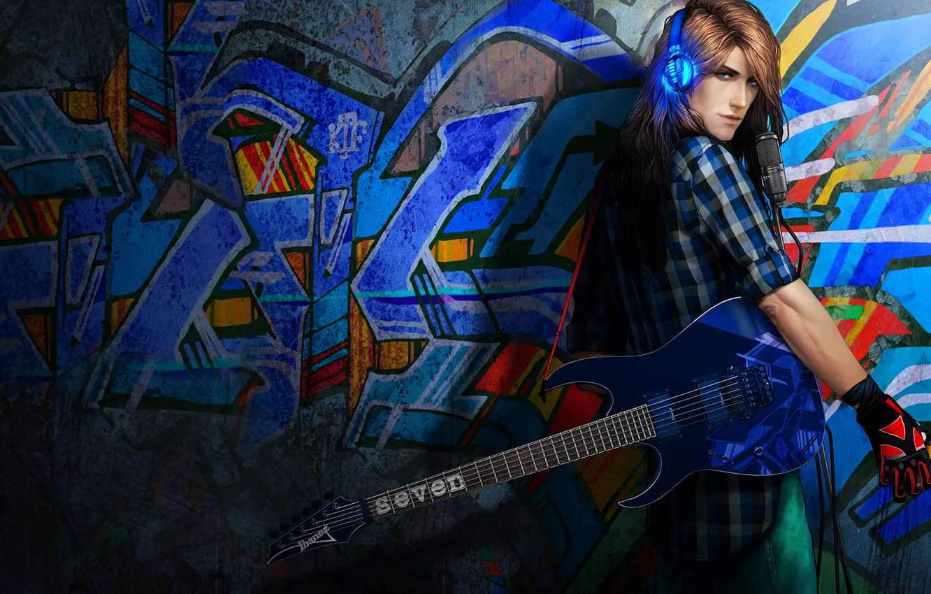 Photo wallpaper wall, guitar, headphones, guy, musician, Rock 'n' roll
