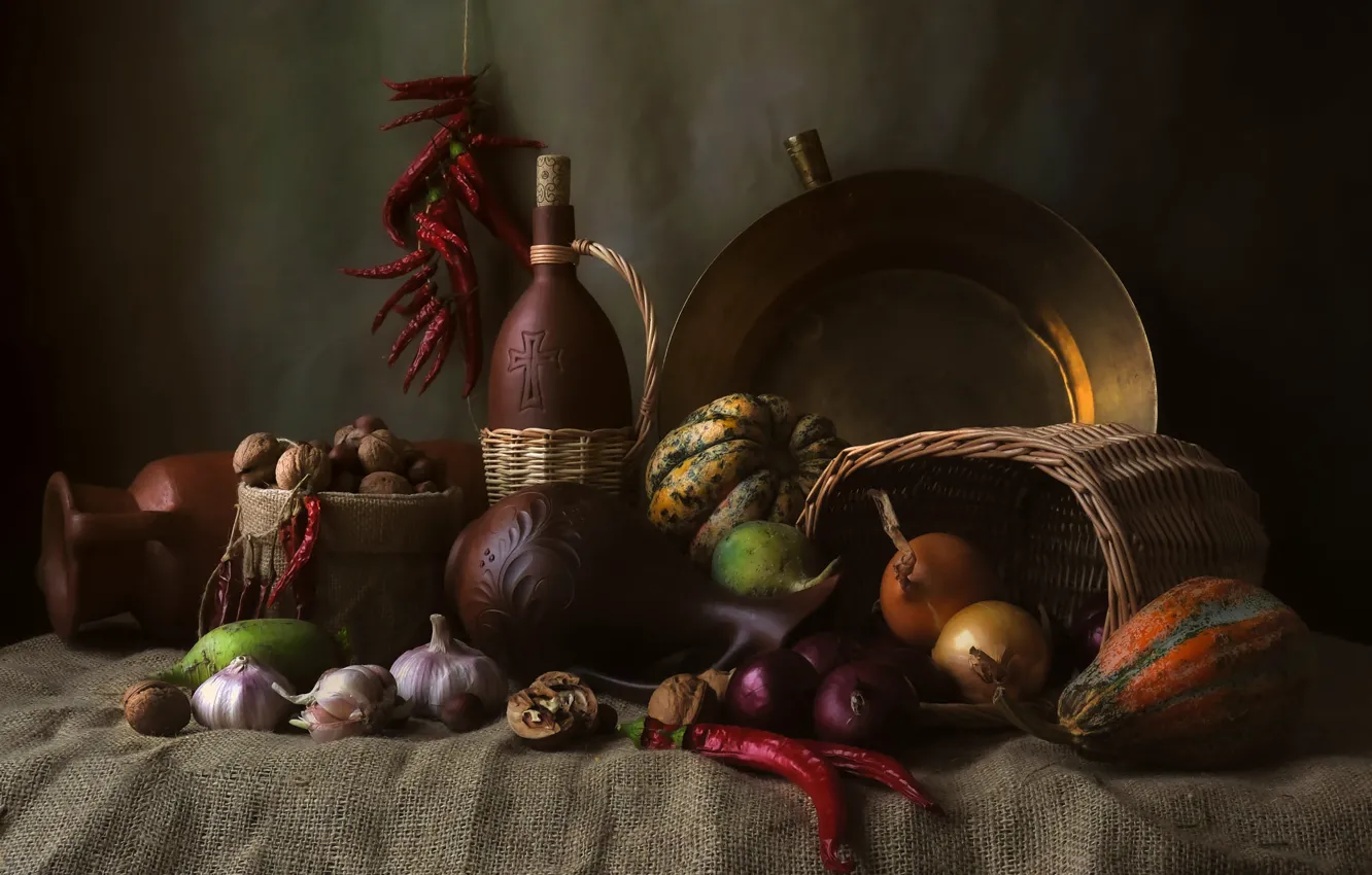 Photo wallpaper flowers, table, wine, bottle, bouquet, bow, dishes, pumpkin