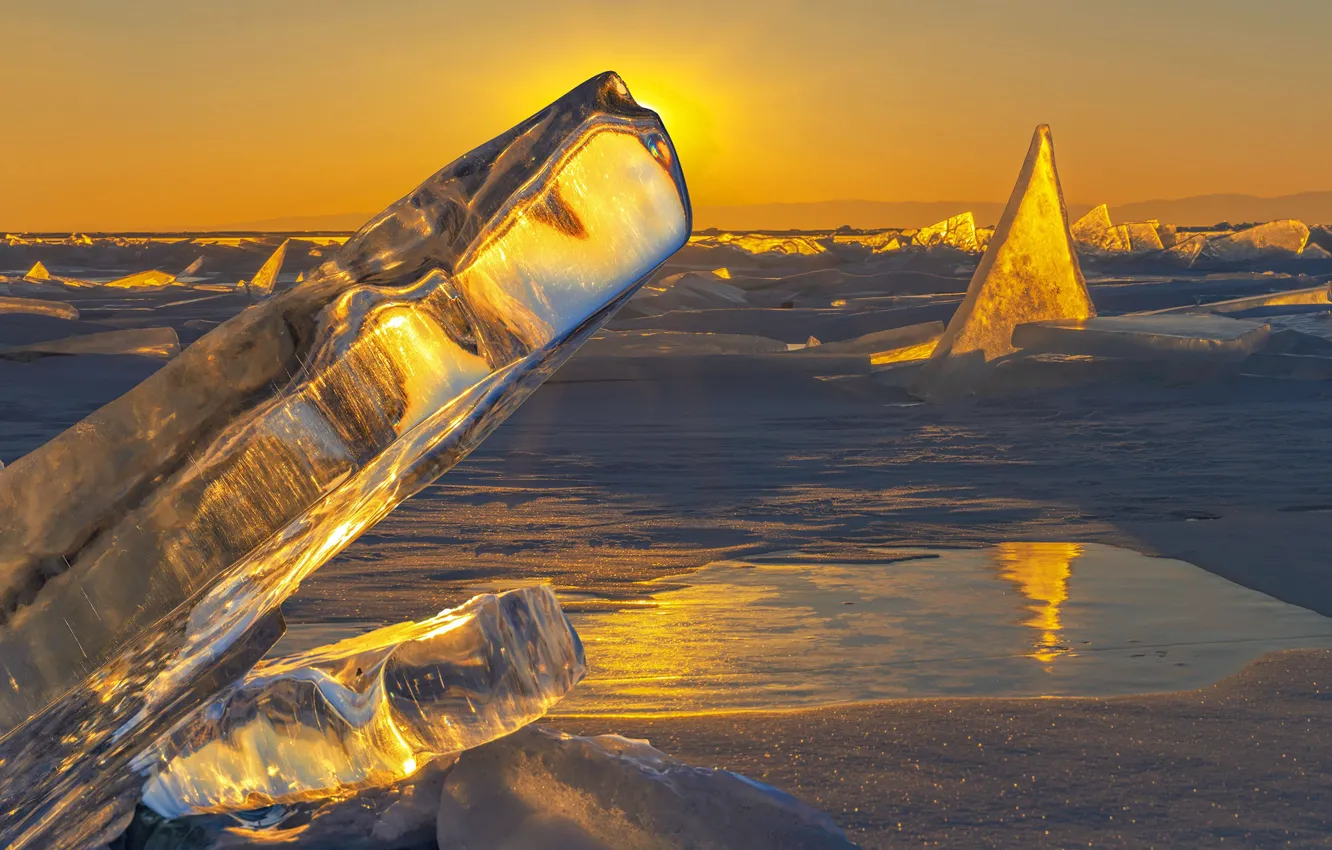 Photo wallpaper ice, winter, water, nature, lake, dawn, morning, Baikal