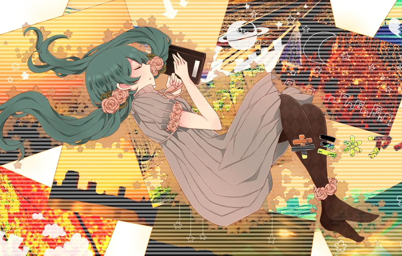 Photo wallpaper roses, sleeping, characters, vocaloid, hatsune miku, fotocollage