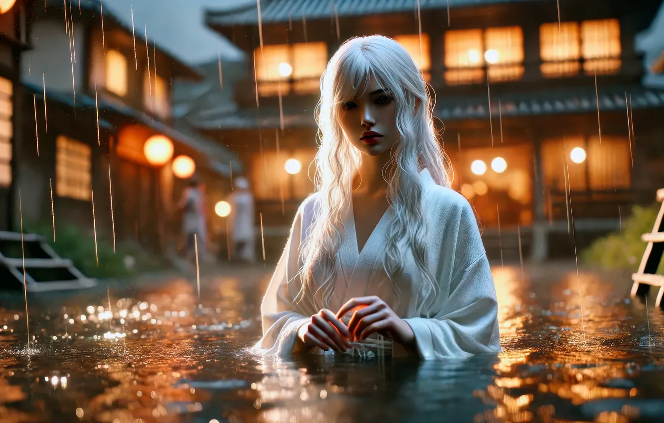Photo wallpaper Japan, rain, white hair, pagoda, Yukata, AI Art
