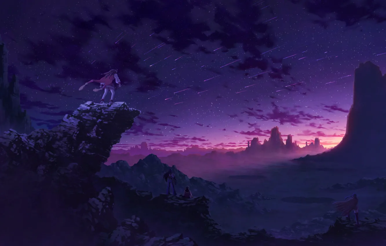 Photo wallpaper sunset, mountains, rocks, anime, art, four, Starfall