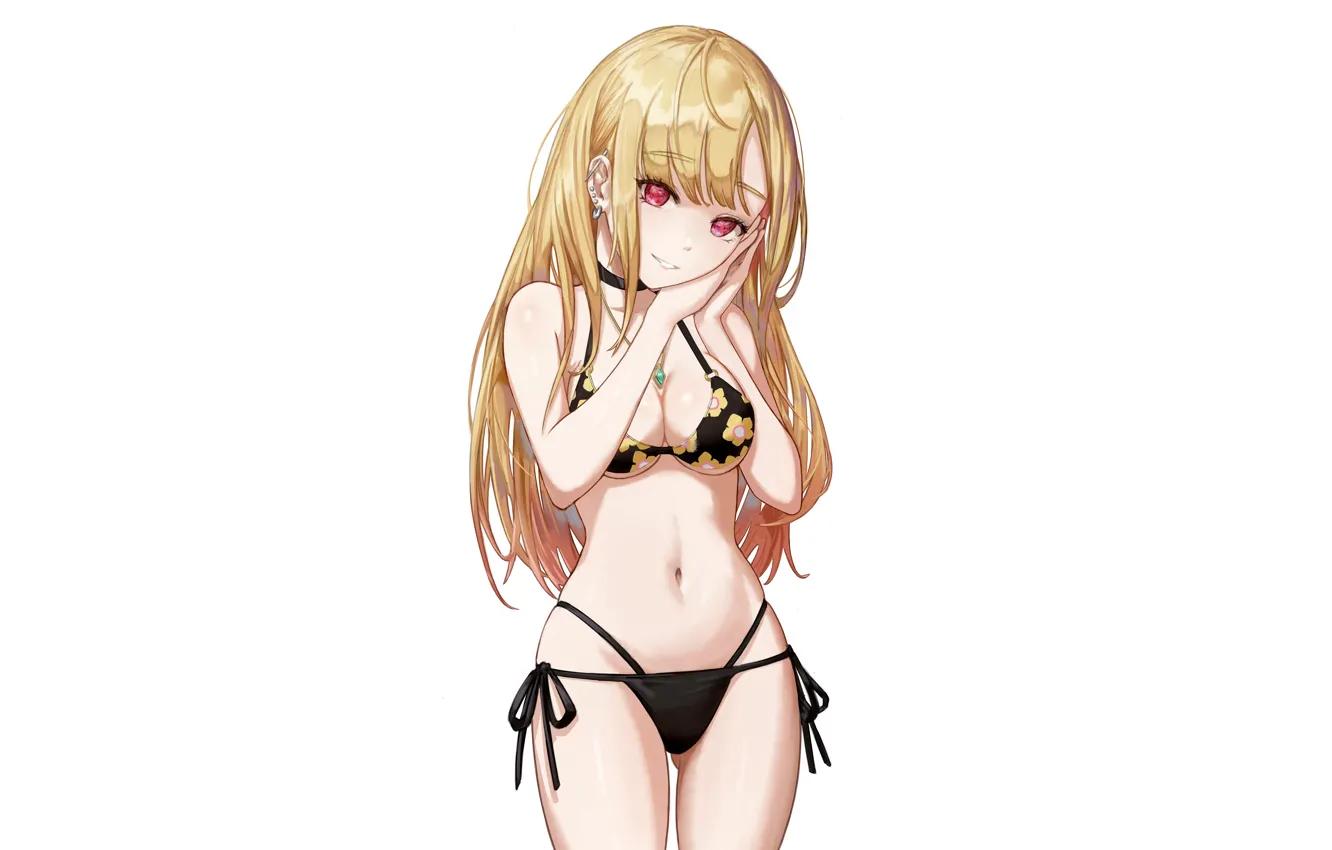 Photo wallpaper girl, sexy, cleavage, long hair, boobs, anime, beautiful, red eyes