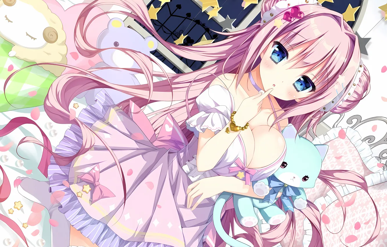 Photo wallpaper girl, sexy, cleavage, pink hair, long hair, dress, boobs, anime