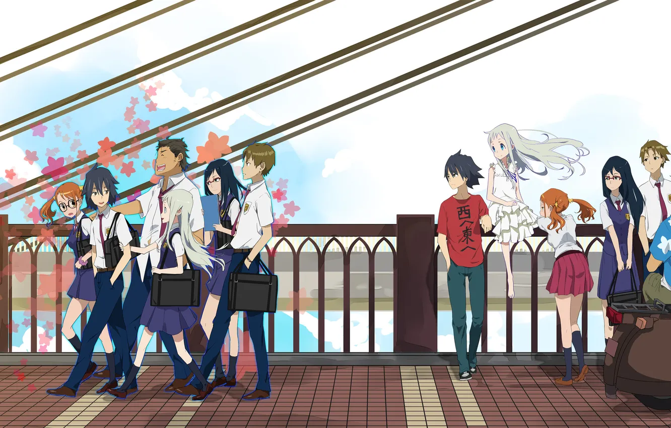 Photo wallpaper anime, walk, company, friends, students