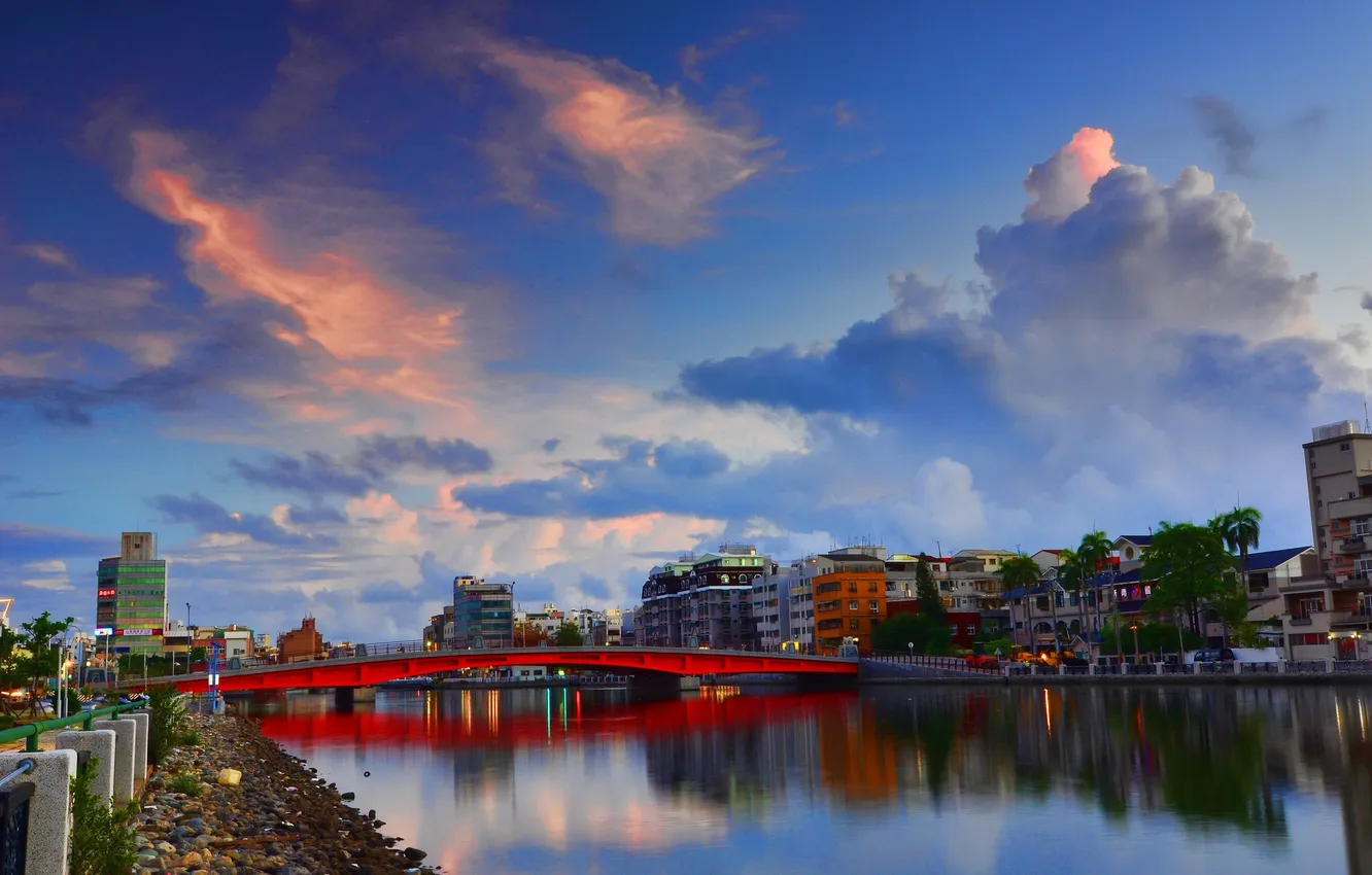 Photo wallpaper bridge, the city, river, the evening