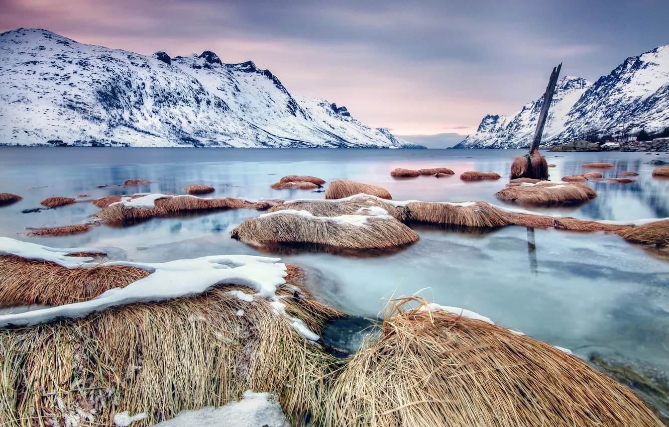 Photo wallpaper ice, winter, grass, water, snow, landscape, mountains, nature