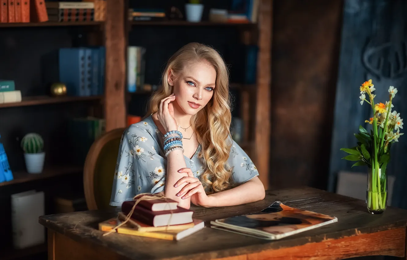 Photo wallpaper look, girl, decoration, flowers, pose, table, hair, blonde