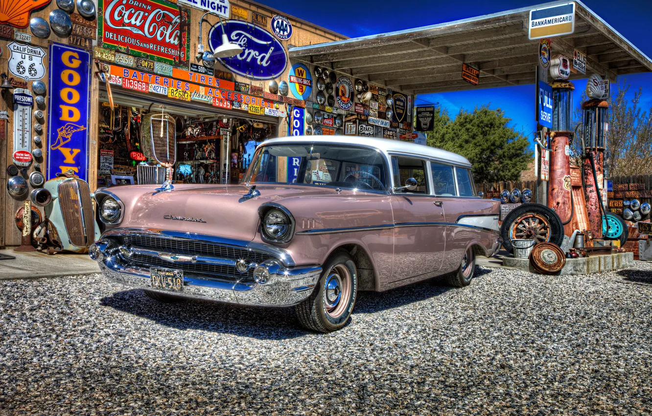 Photo wallpaper retro, dressing, Chevrolet, car, classic, gas station, service