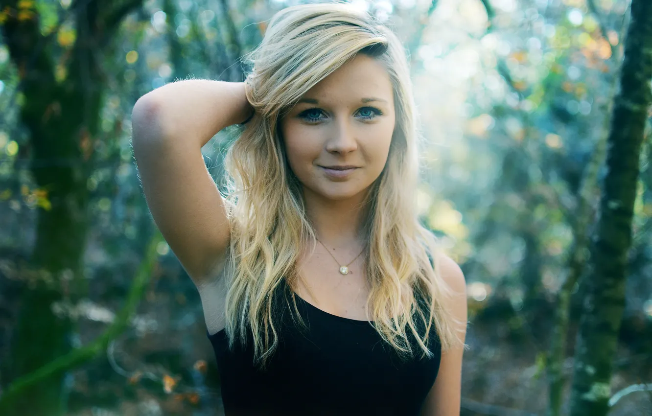 Photo wallpaper forest, girl, smile, hair, necklace, direct look