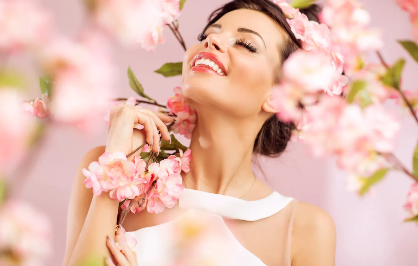 Photo wallpaper eyes, girl, flowers, face, woman