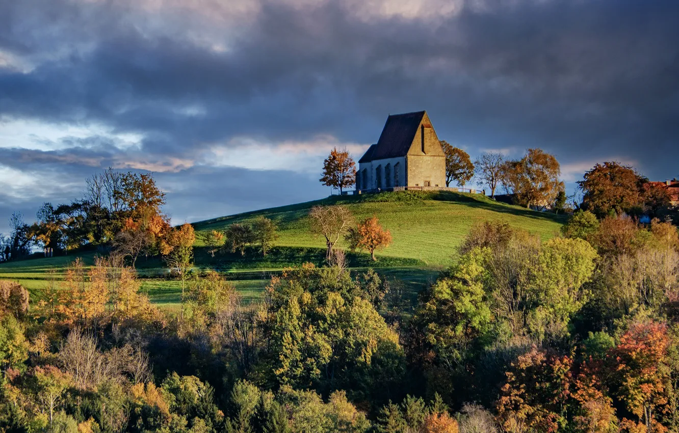 Photo wallpaper autumn, trees, clouds, hills, Church, house, chapel, shrub
