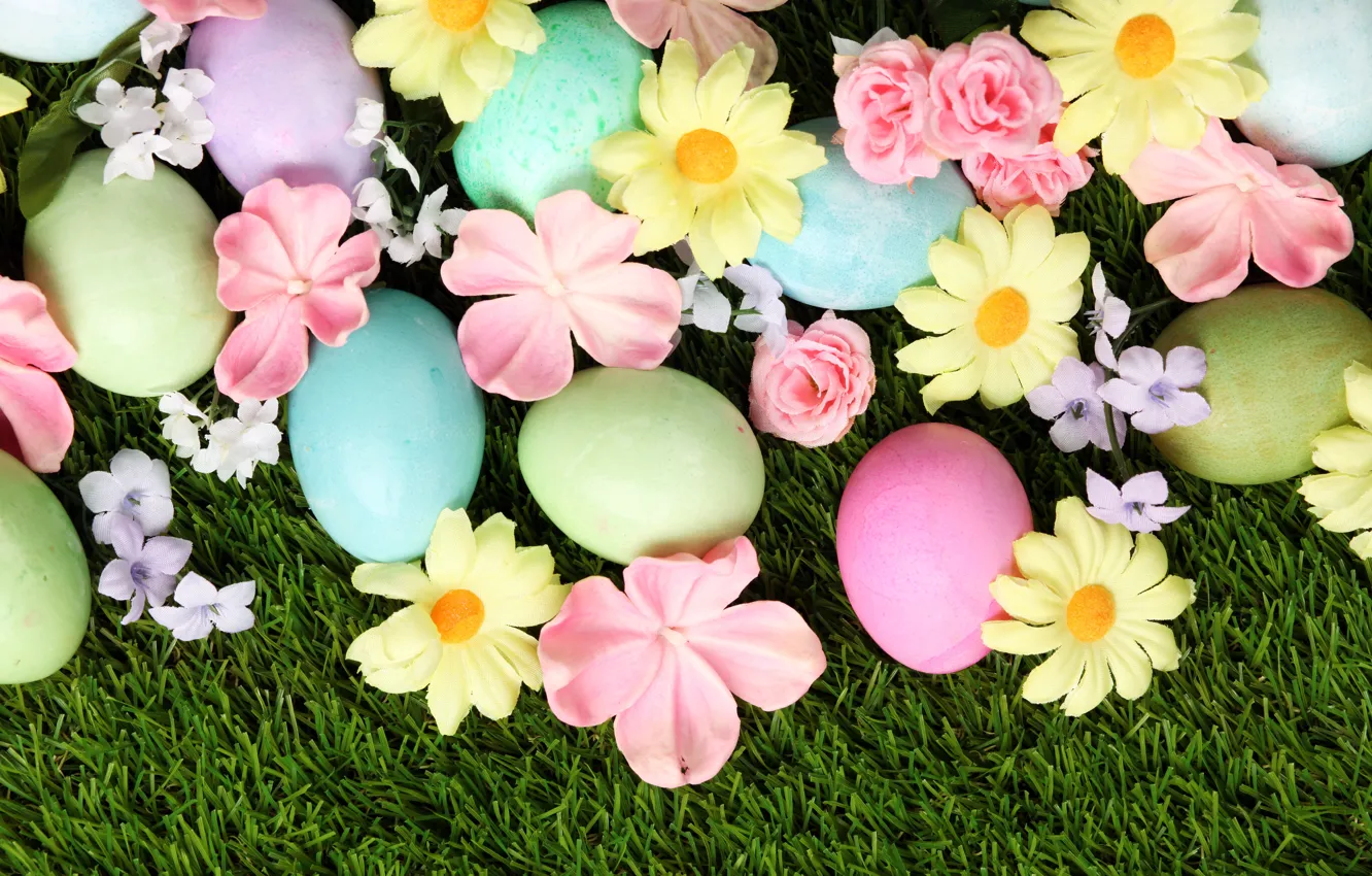 Photo wallpaper grass, flowers, Easter, flowers, spring, Easter, eggs, decoration