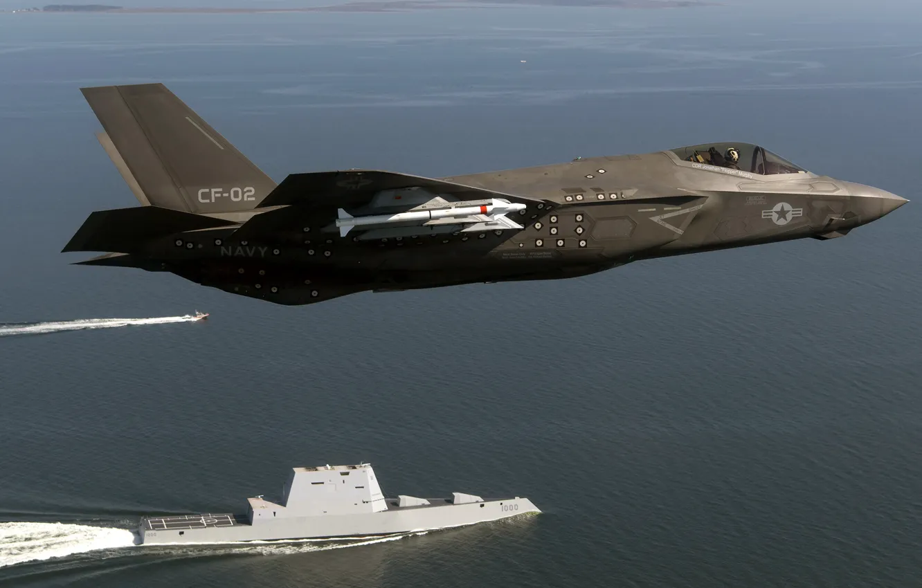 Photo wallpaper weapons, army, USA, USS Zumwalt (DDG 1000), F-35 Lightning