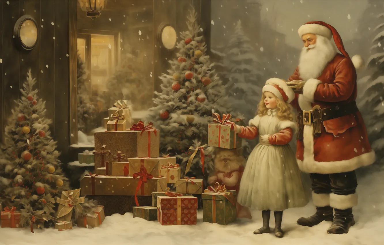 Photo wallpaper winter, snow, house, retro, Christmas, girl, gifts, New year