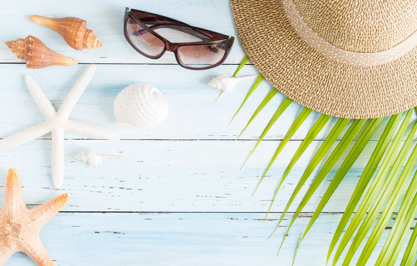 Photo wallpaper sand, beach, summer, stars, stay, vacation, hat, glasses