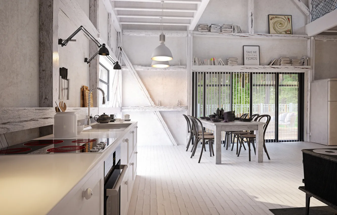 Photo wallpaper design, style, interior, kitchen, cottage, interior, dining room, dining area