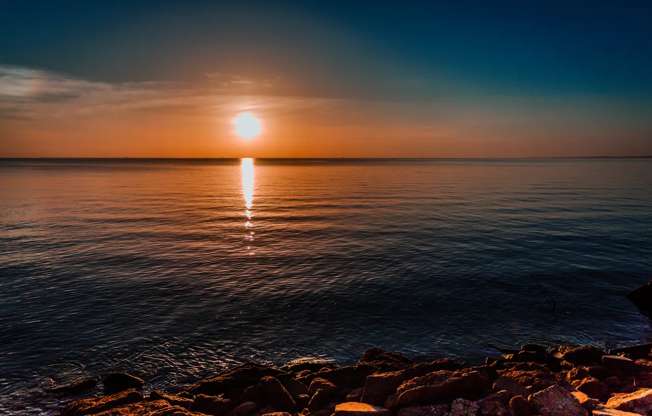 Photo wallpaper sea, the sun, stones, dawn, shore, morning