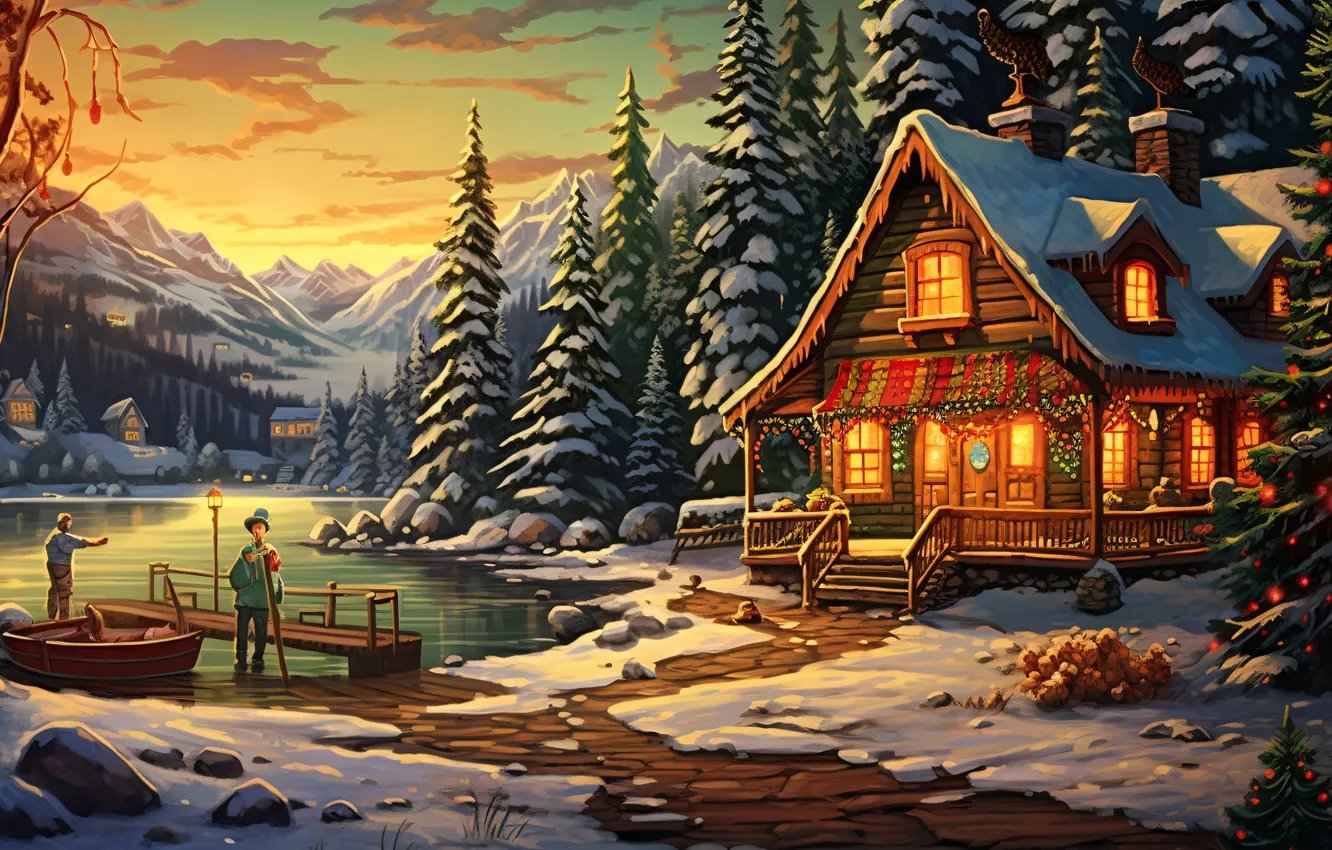 Photo wallpaper winter, snow, holiday, graphics, tree, new year, home, Christmas