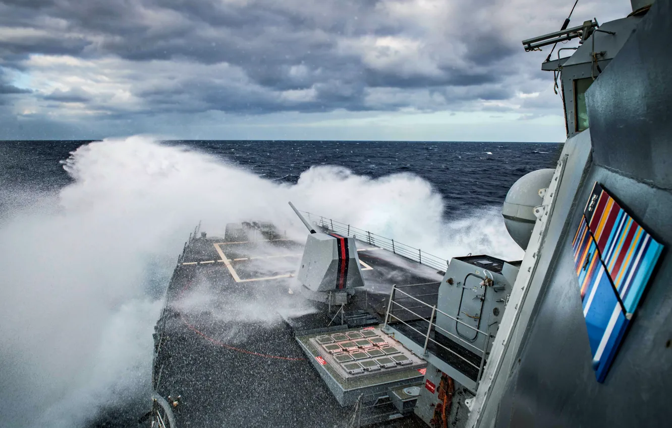 Photo wallpaper storm, the ocean, destroyer