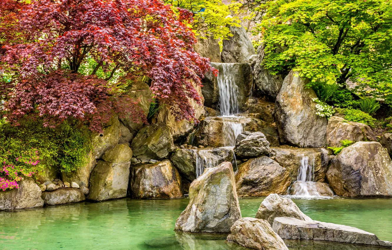 Photo wallpaper autumn, pond, Park, stones, waterfall, the bushes